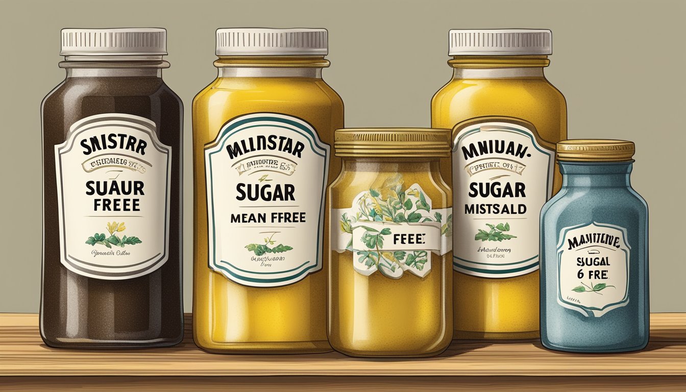 A table with six different types of mustard bottles, each labeled as "sugar-free."