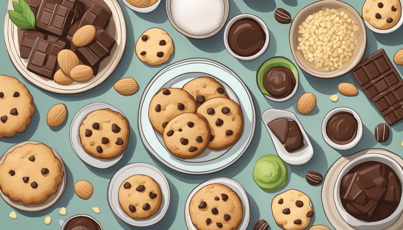 A table with a variety of sugar-free cookies arranged on a plate, surrounded by ingredients like almond flour, stevia, and dark chocolate chips