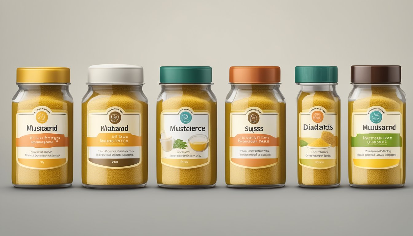 A spread of six different types of sugar-free mustard jars arranged in a neat row, each labeled with their nutritional benefits for diabetics