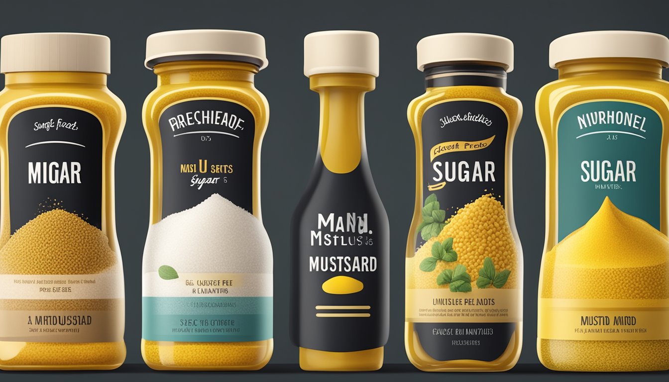 A table with 6 different jars of sugar-free mustard, each labeled with a unique brand and flavor