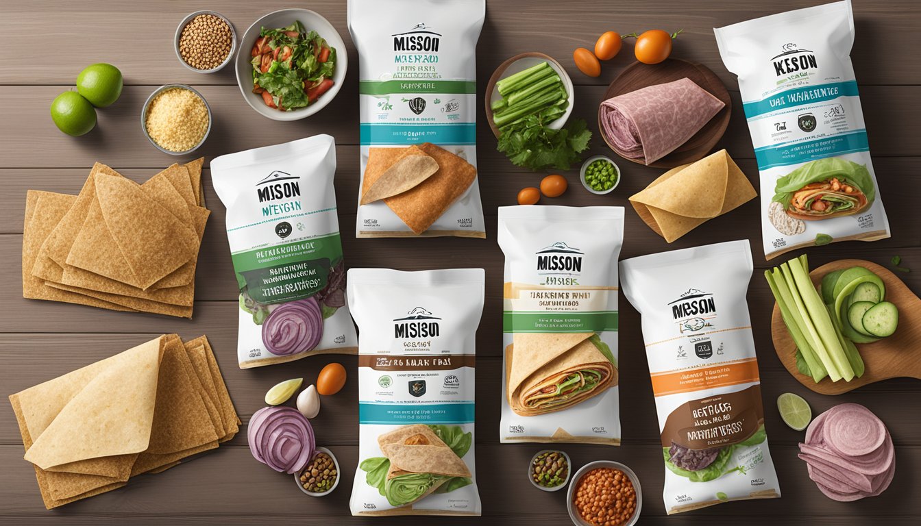 A variety of low-carb wraps, including Mission Meats Keto Wraps, displayed on a table with fresh ingredients and a diabetic-friendly label