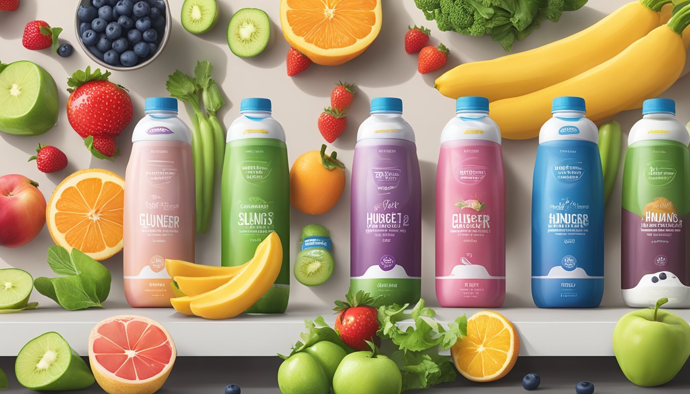 A table with 5 different flavored Glucerna Hunger Smart Shakes arranged in a row, surrounded by fresh fruits and vegetables