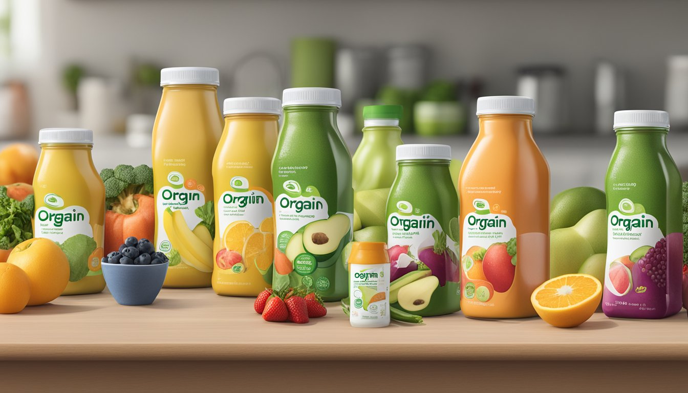 A table with 5 bottles of Orgain Organic Nutrition Shake surrounded by fresh fruits and vegetables, with a diabetic-friendly label prominently displayed