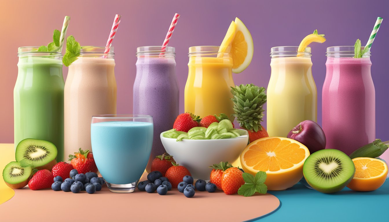 A colorful array of Atkins Gluten Free Protein-Rich Shakes surrounded by fresh fruits and vegetables, with a bright, inviting backdrop