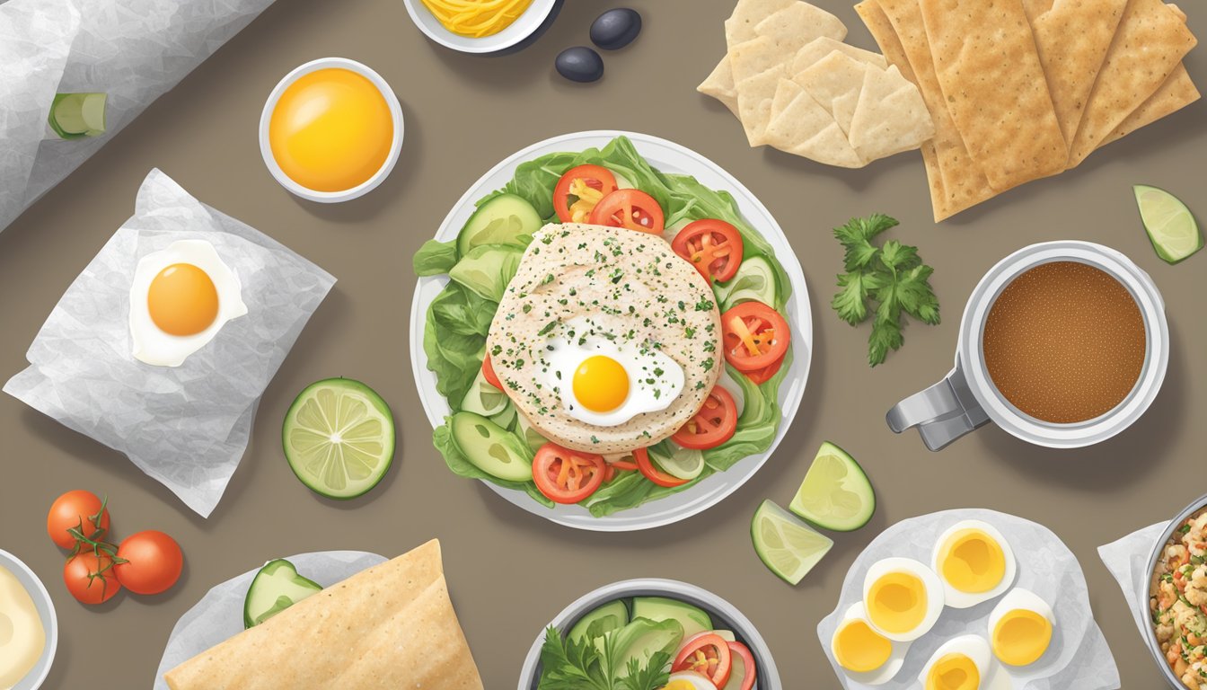 A colorful display of Egglife Everything Bagel Egg White Wraps surrounded by various low-carb ingredients and a diabetic-friendly label