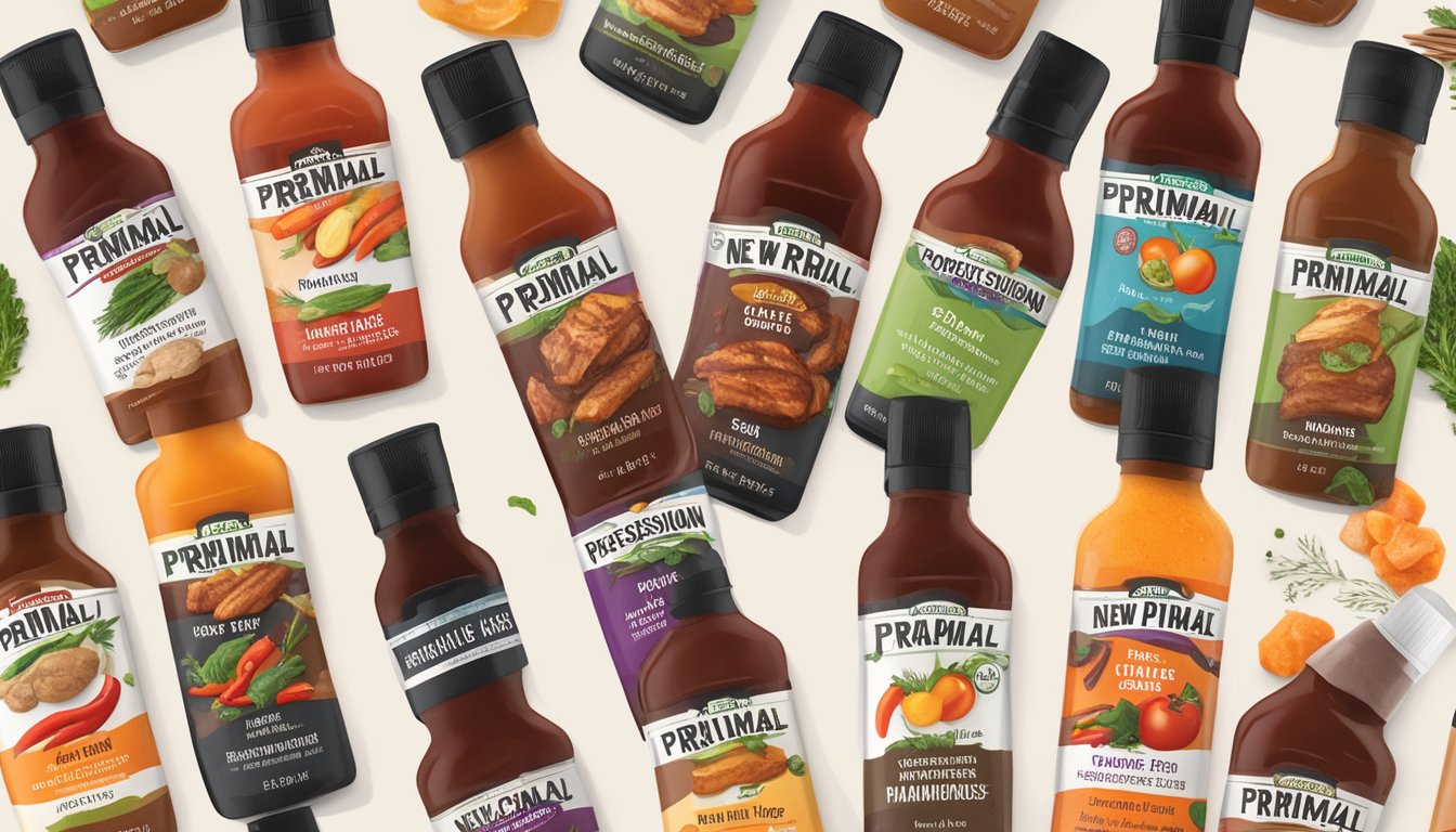 A bottle of New Primal Classic BBQ Sauce surrounded by 8 different sugar-free marinades, with various ingredients like herbs, spices, and vegetables displayed around them