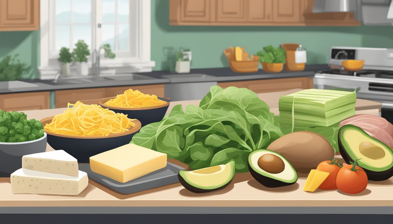 A variety of low-carb ingredients laid out on a kitchen counter, including lettuce, spinach, turkey, avocado, and cheese, with colorful wraps in the background