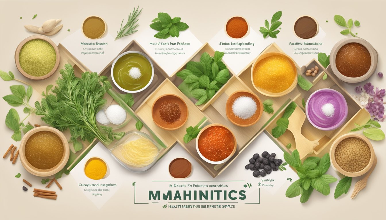 A colorful array of sugar-free marinades, surrounded by fresh herbs and spices, with a banner highlighting "Health Benefits for Diabetics."