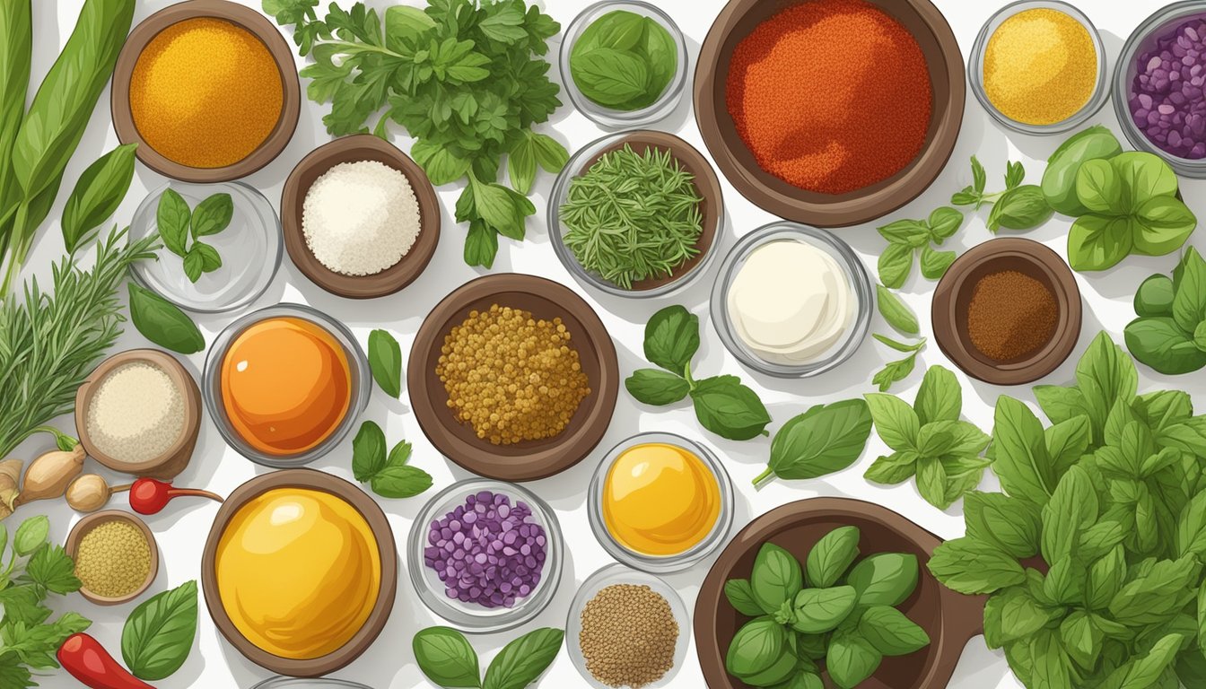 A colorful array of fresh herbs, spices, and condiments arranged on a kitchen countertop, ready to be used in creating sugar-free marinades for diabetics