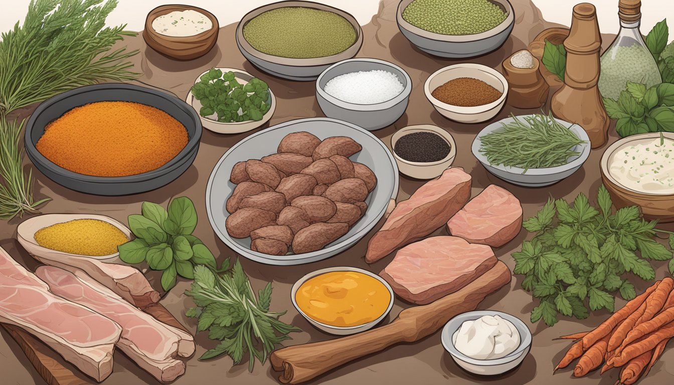 A table set with various herbs, spices, and condiments, alongside a selection of meats and vegetables ready to be marinated