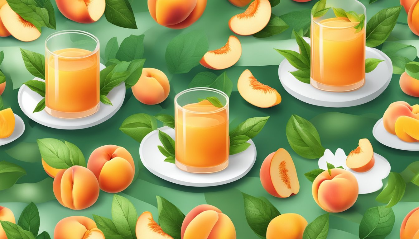 A colorful array of peach gelatin desserts surrounded by fresh peaches and vibrant green leaves, evoking a sense of delicious and guilt-free indulgence for diabetics