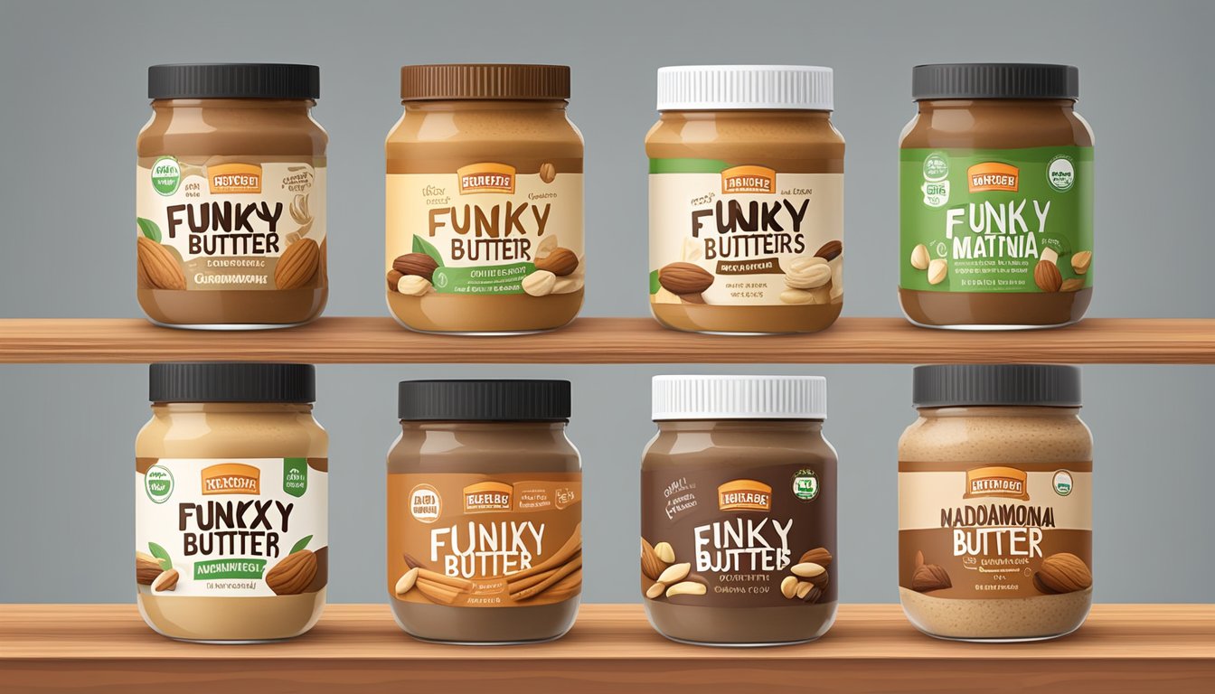 A jar of Funky Nut Butters Cinnamon Macadamia surrounded by 5 other low-carb nut butter jars, all arranged on a wooden table