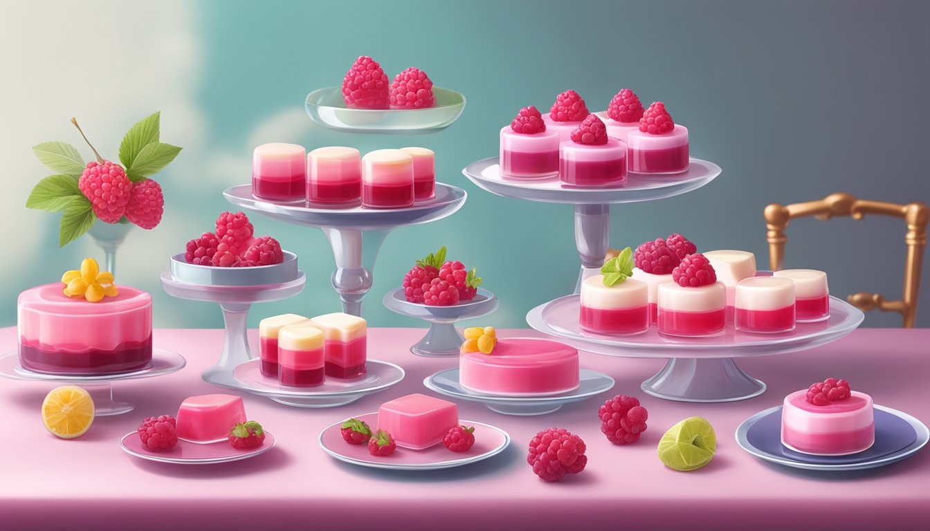 A colorful array of sugar-free gelatin desserts in raspberry flavor, arranged on a table with elegant serving dishes