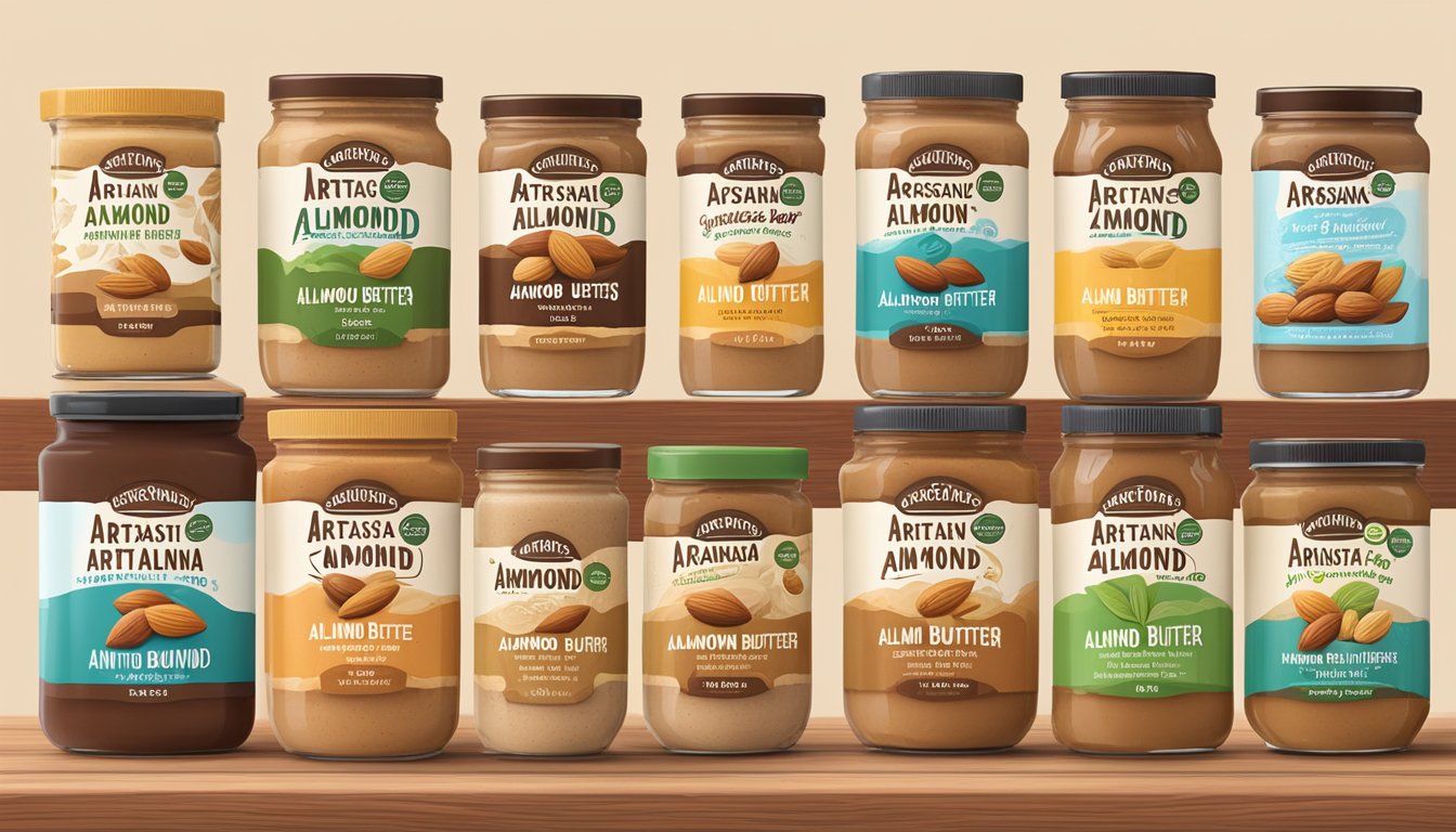 A jar of Artisana Organics Raw Almond nut butter surrounded by 5 other jars of different low-carb nut butters, all arranged on a wooden table