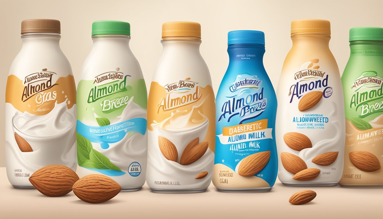 A glass of Almond Breeze Unsweetened Almond Milk surrounded by five different low-carb milk alternatives for diabetics