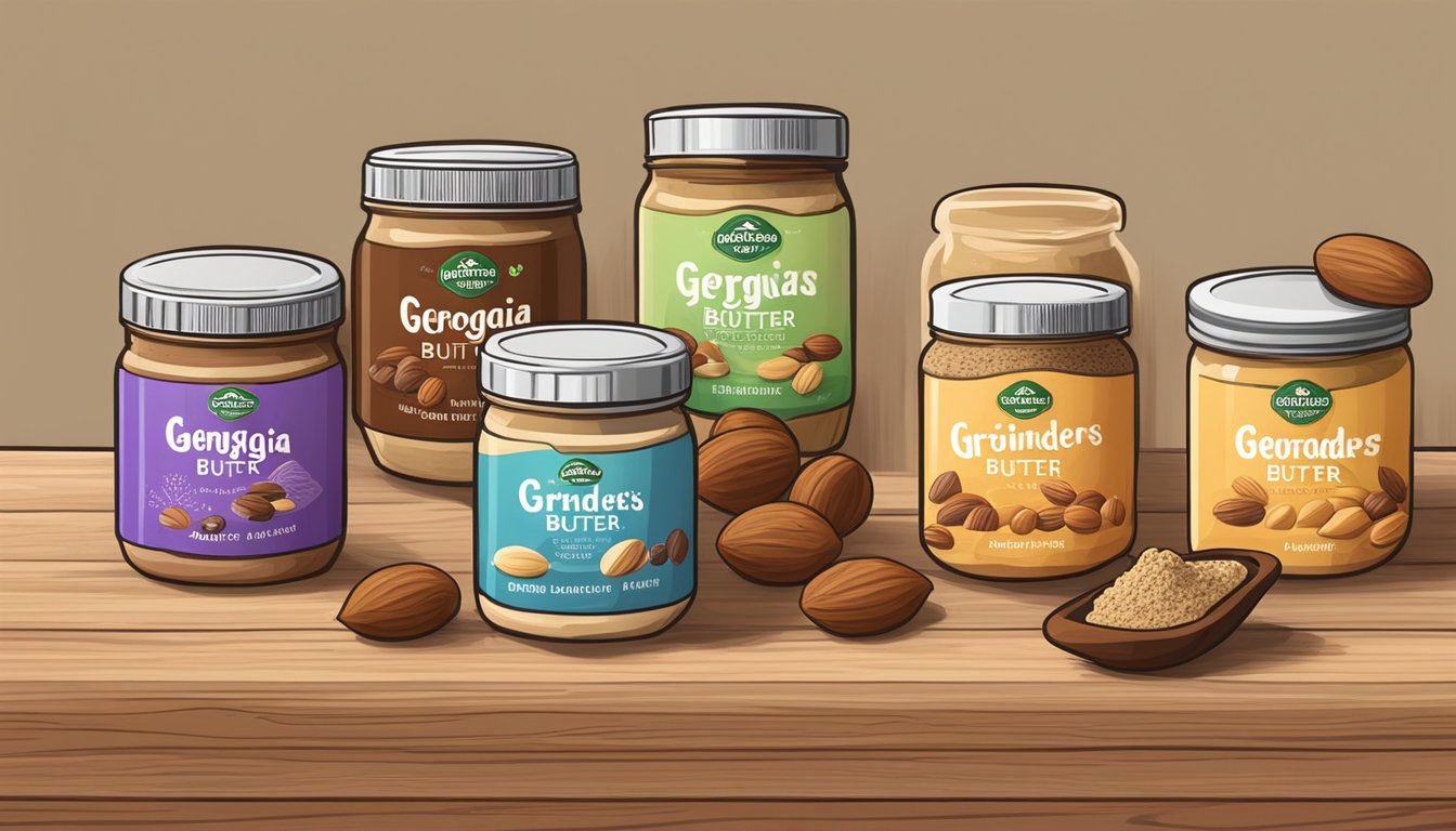 A jar of Georgia Grinders Hazelnut Butter surrounded by 5 other low-carb nut butter jars on a wooden table