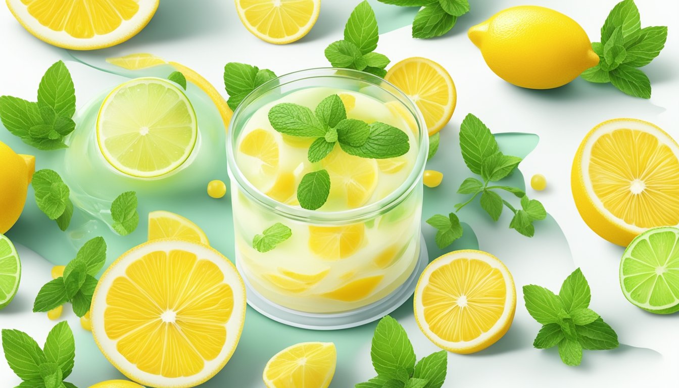 A refreshing lemon-lime gelatin dessert surrounded by fresh citrus fruits and mint leaves on a clean, white table