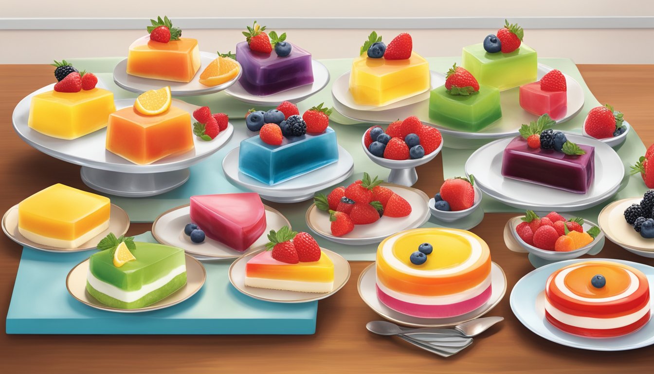 A colorful array of sugar-free gelatin desserts arranged on a table, with fresh fruit garnishes and a Dr. Oetker's Sugar-Free Jel Dessert prominently displayed