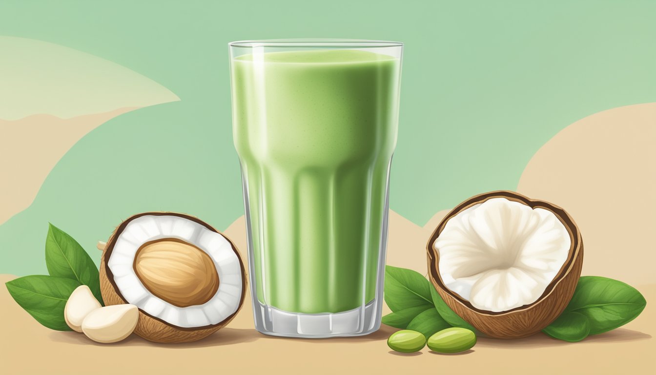 A glass of Ripple Original Unsweetened Pea Milk surrounded by almonds, coconuts, soybeans, and cashews