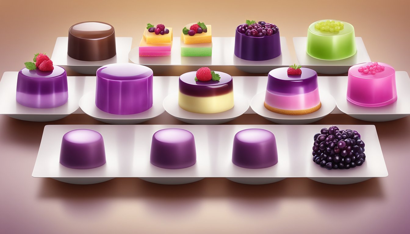 A colorful display of seven sugar-free gelatin desserts in grape flavor, arranged neatly on a table