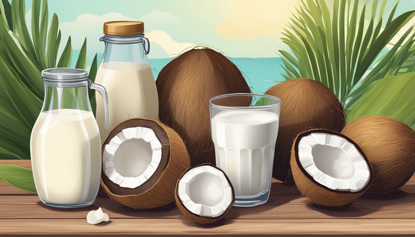 A variety of low-carb milk alternatives, including organic unsweetened coconut milk, displayed on a table with fresh coconuts and a rustic backdrop