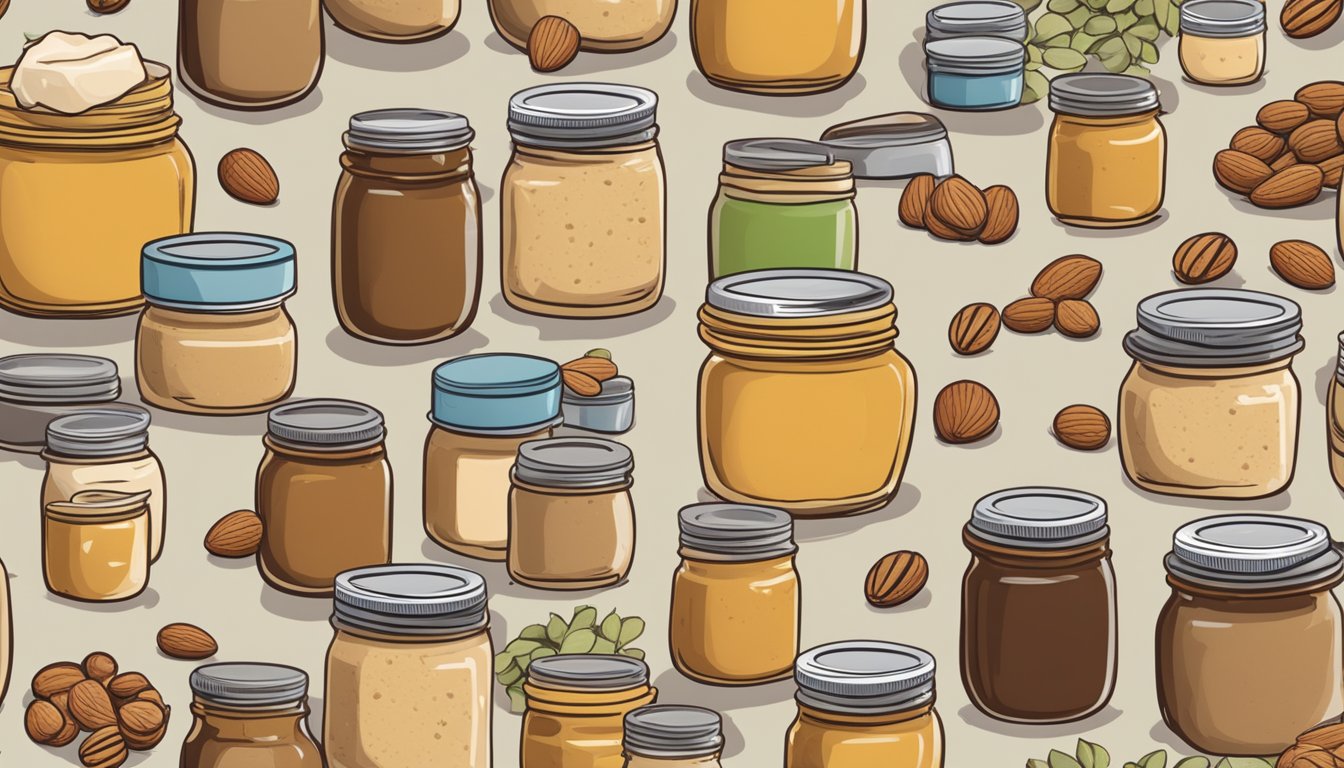 A variety of nut butter jars arranged on a wooden table with a selection of nuts scattered around them