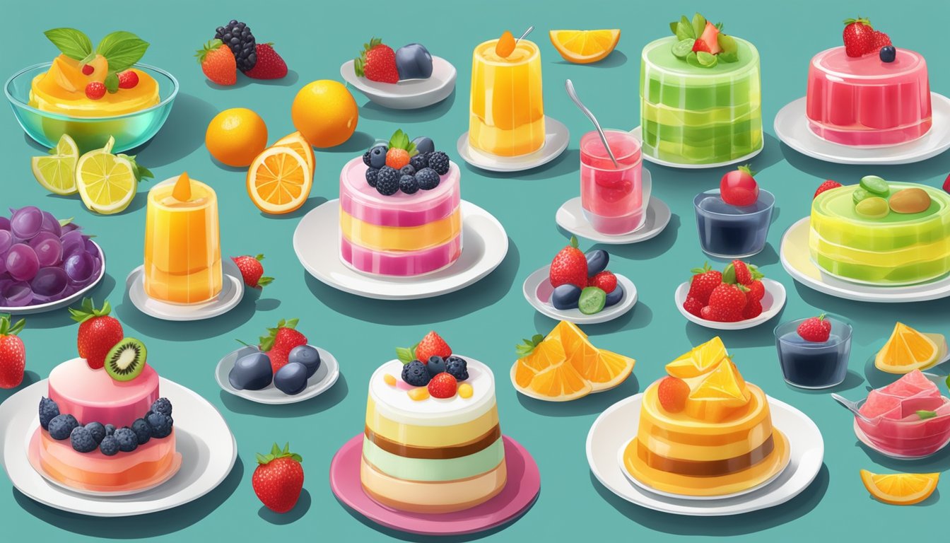 A colorful array of sugar-free gelatin desserts arranged on a table, with various fruit toppings and decorative garnishes