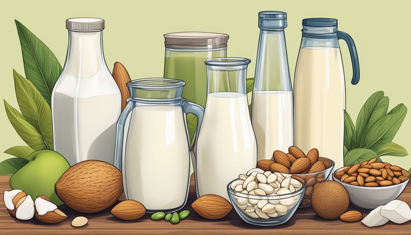 A variety of low-carb milk alternatives arranged on a table with fresh ingredients such as almonds, coconuts, and soybeans