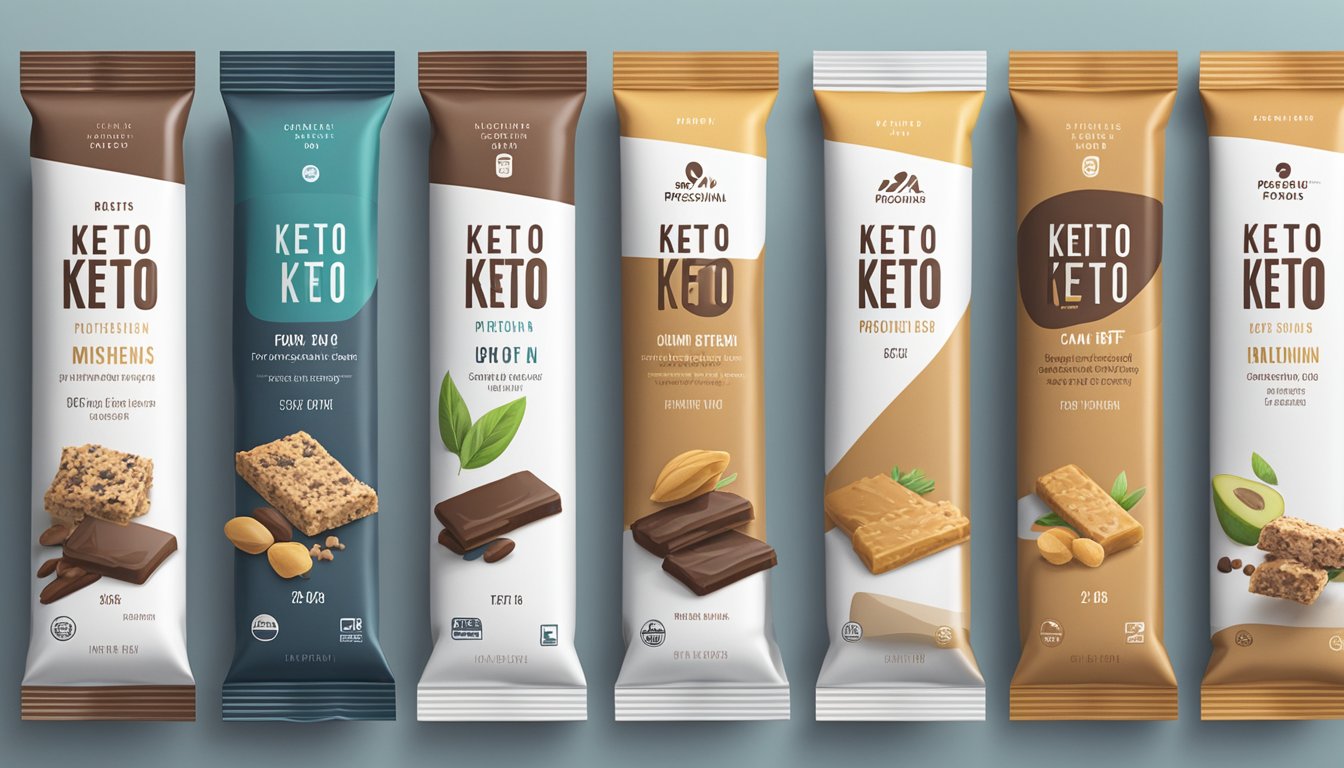 A variety of keto protein bars arranged on a clean, modern countertop with minimalist packaging and natural ingredients prominently displayed