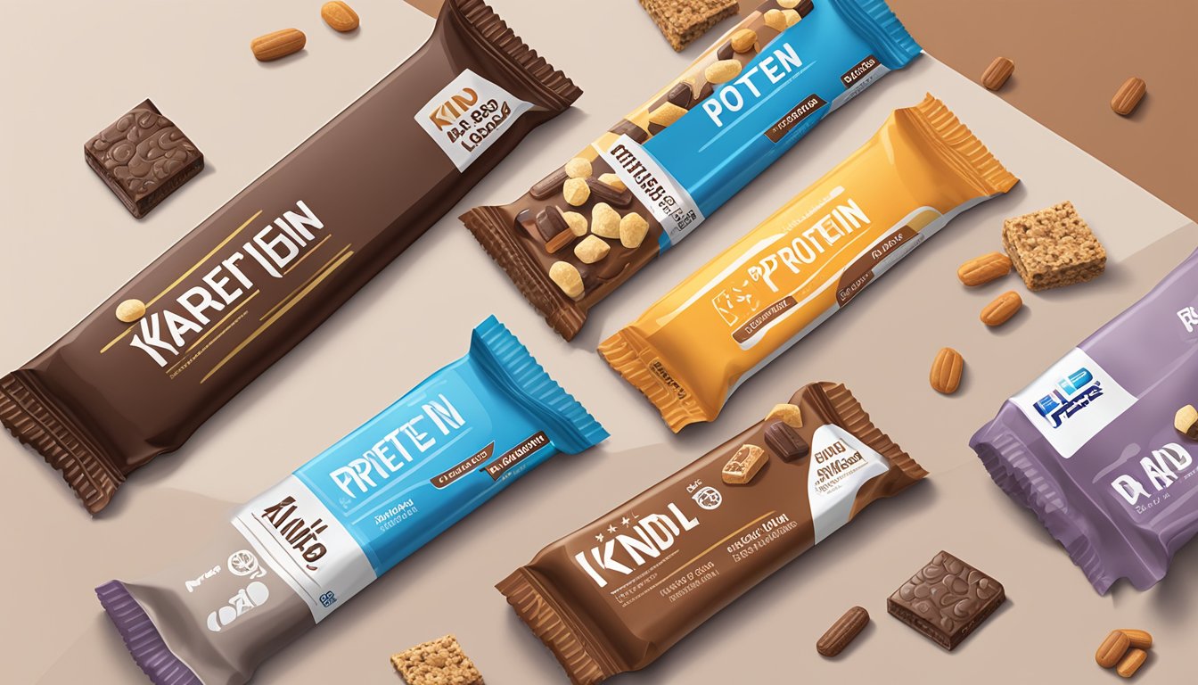 A variety of KIND Protein Bars arranged on a table with a diabetic-friendly label