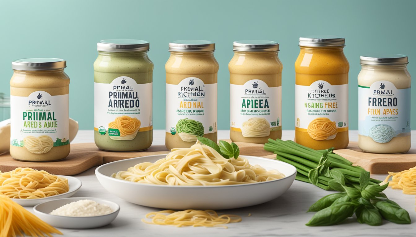 A jar of Primal Kitchen No Dairy Alfredo Sauce surrounded by 6 different sugar-free pasta sauces on a kitchen countertop