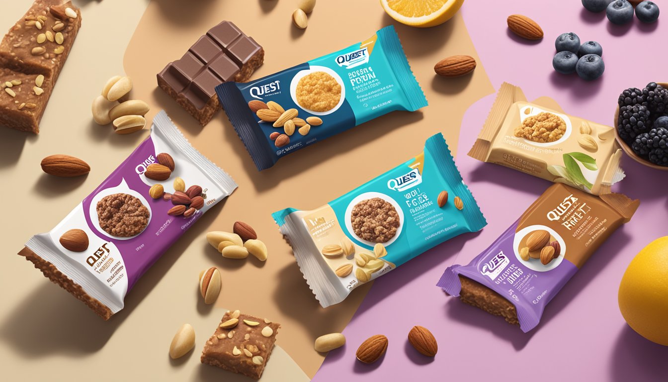 A variety of Quest Nutrition Protein Bars arranged on a clean, modern countertop with a backdrop of fresh fruits and nuts