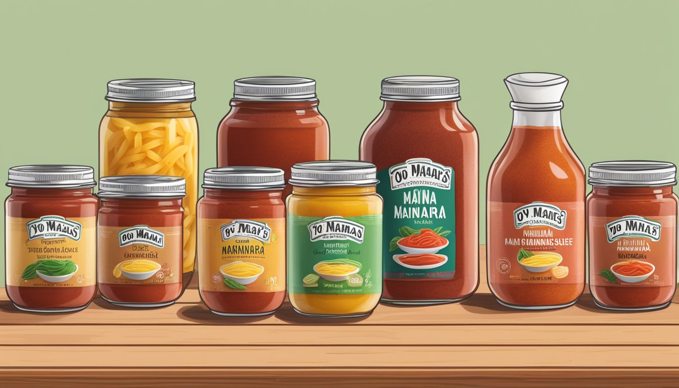 A jar of Yo Mama's Original Marinara Sauce surrounded by six different sugar-free pasta sauces, all arranged on a wooden table