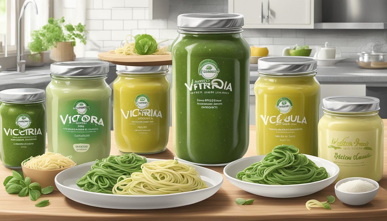 A jar of Victoria Vegan Alfredo Arugula Pesto Sauce surrounded by five other sugar-free pasta sauces on a kitchen counter