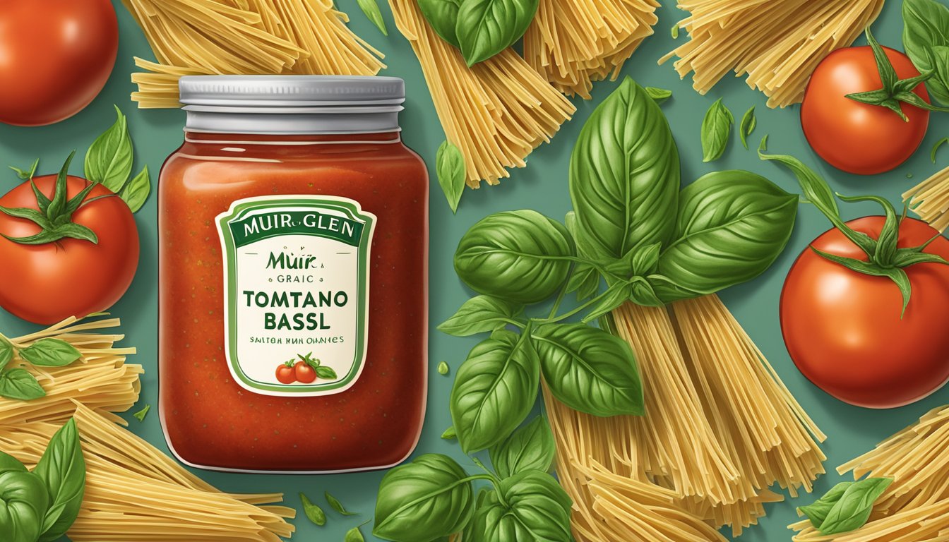 A jar of Muir Glen Organic Tomato Basil Sauce surrounded by fresh tomatoes, basil leaves, and pasta