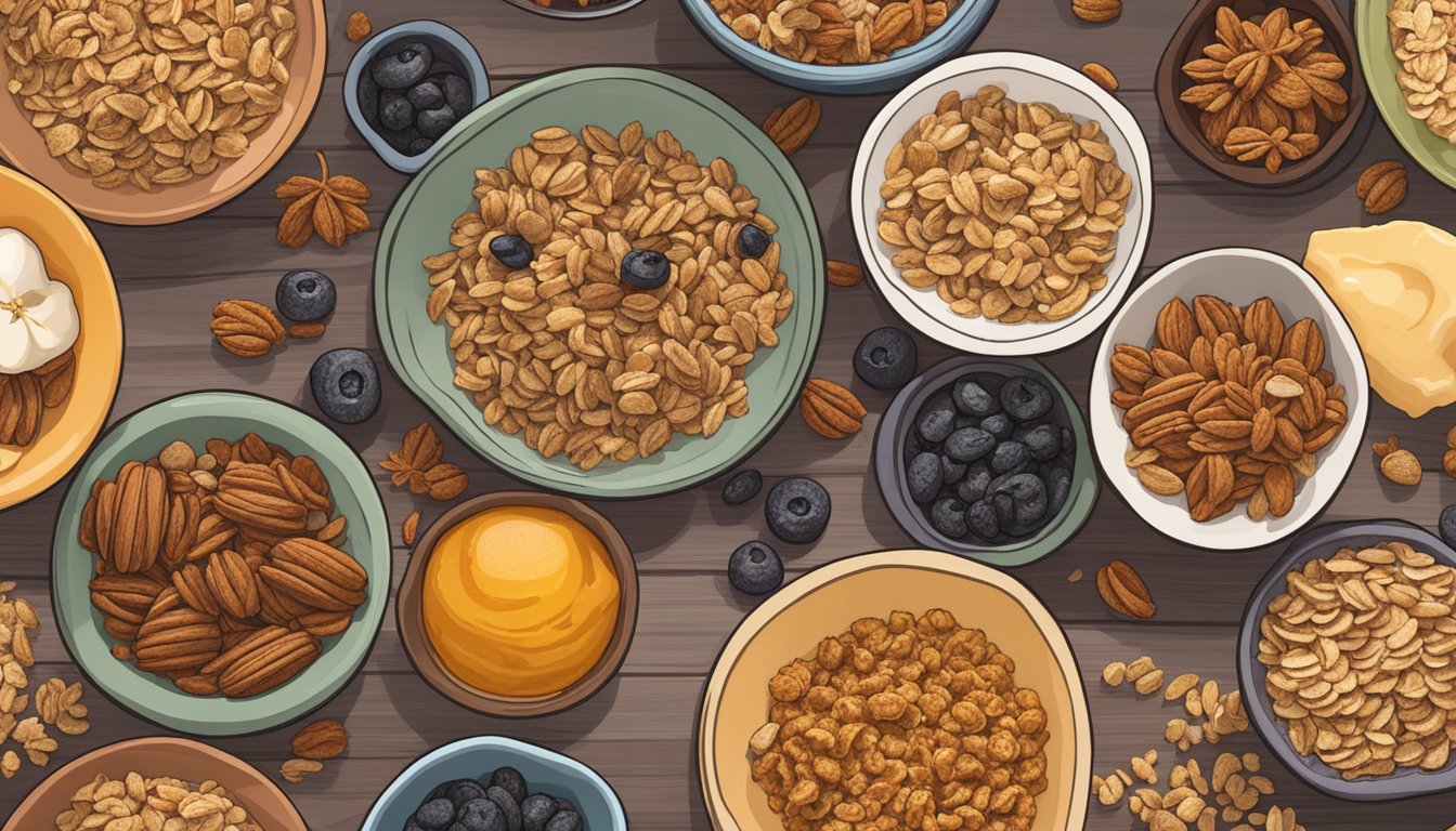 A bowl of Paleonola Maple Pancake Granola surrounded by 6 other low-carb granola options, all arranged on a wooden tabletop