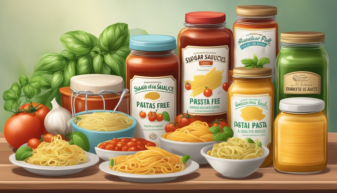 A table set with six jars of pasta sauce, surrounded by various ingredients like tomatoes, basil, and garlic. A banner with "Sugar-Free Pasta Sauces for Diabetics" hangs above