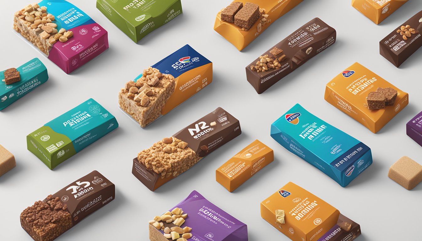 A variety of Atkins Protein-Rich Meal Bars arranged on a clean, modern countertop with minimalistic packaging and a focus on the bars themselves