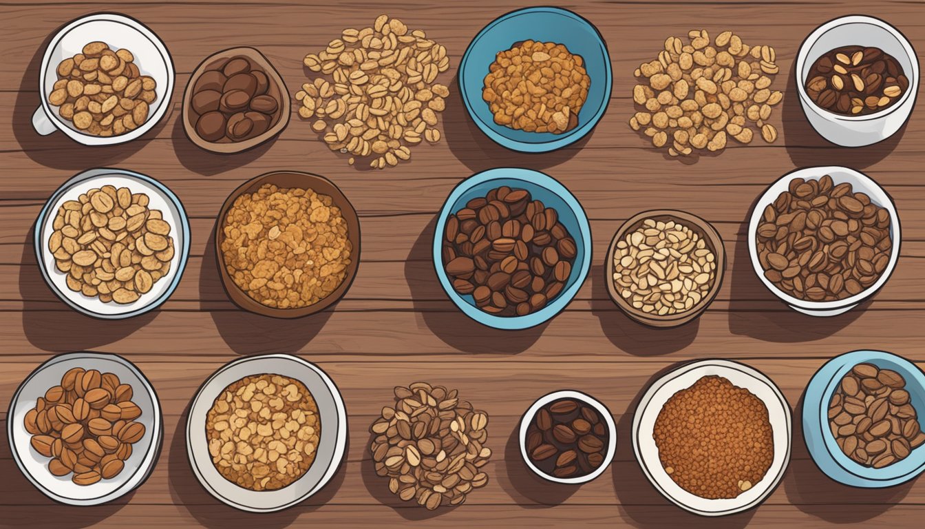 A bowl of Coffee Crunch Coconola sits beside 6 other low-carb granola options, all neatly arranged on a wooden table