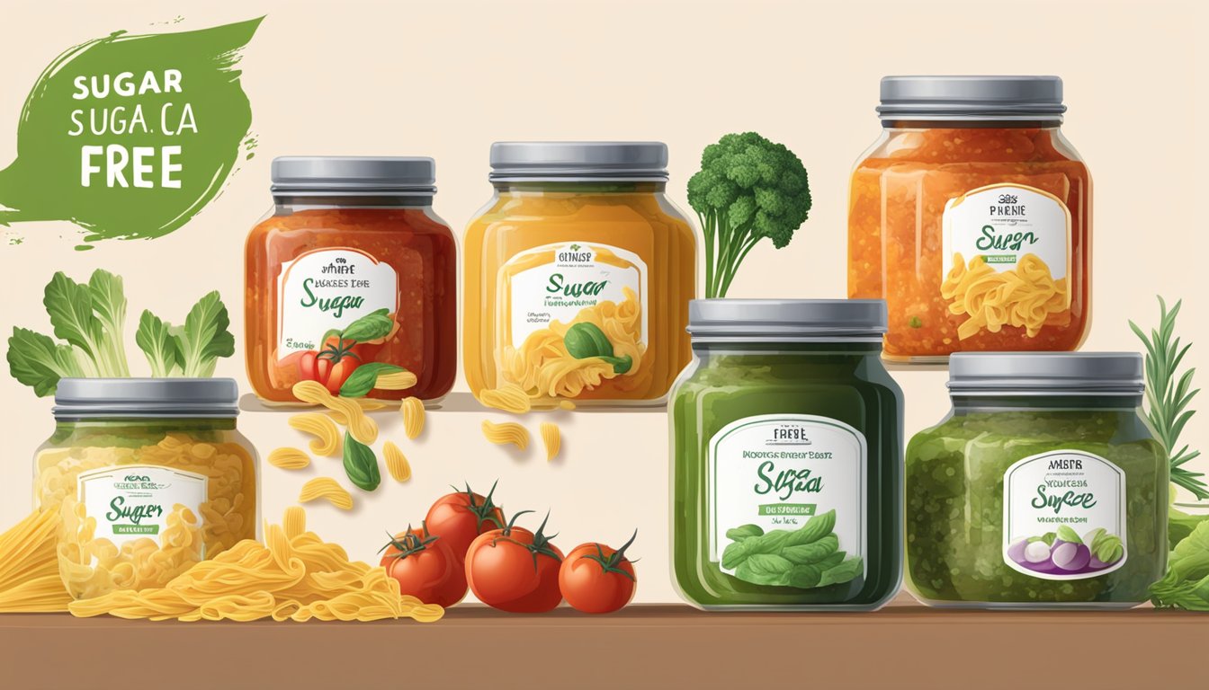 A table with six open jars of pasta sauce, each labeled "sugar-free." Various vegetables and herbs are scattered around the jars