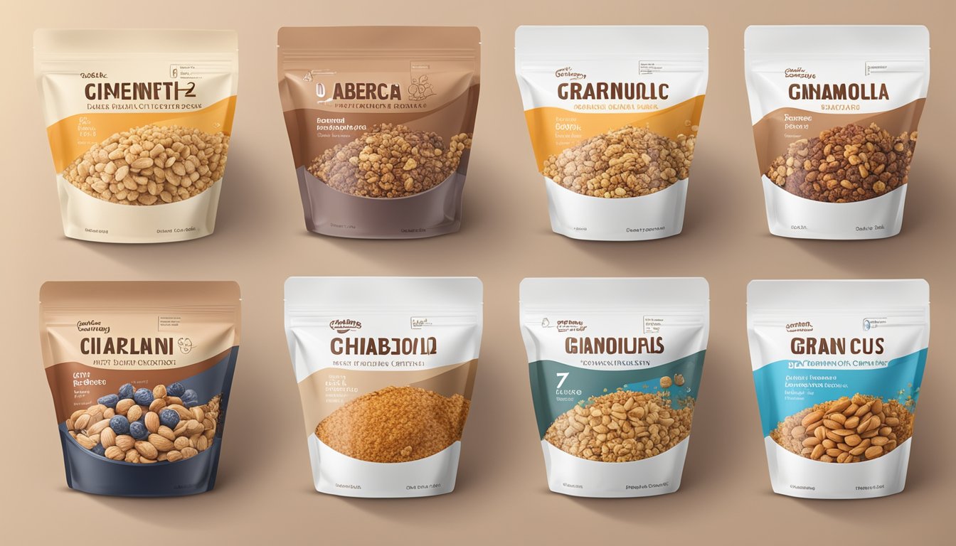 A bowl of low-carb nut granola with cinnamon, surrounded by seven different packaging options, each labeled as a top choice for diabetics