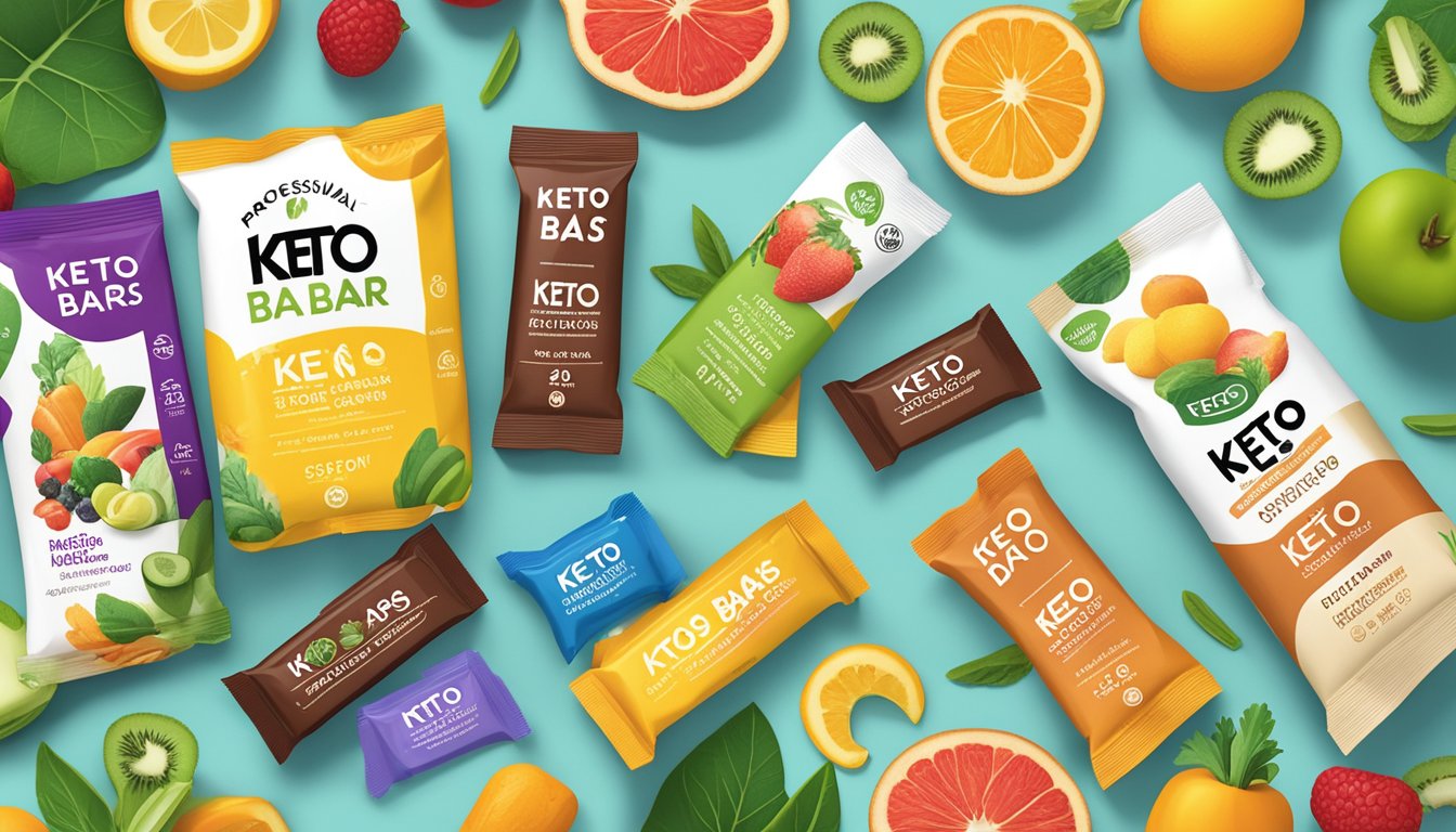 A variety of No Sugar Company Keto Bars arranged on a clean, modern countertop with a backdrop of fresh, colorful fruits and vegetables