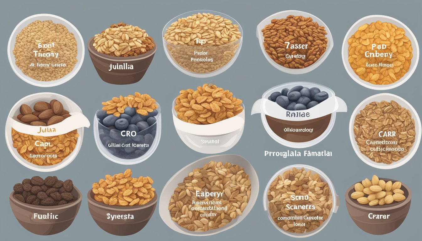 A bowl of Julian Bakery ProGranola Vanilla surrounded by 7 different low-carb granola options, all labeled as suitable for diabetics