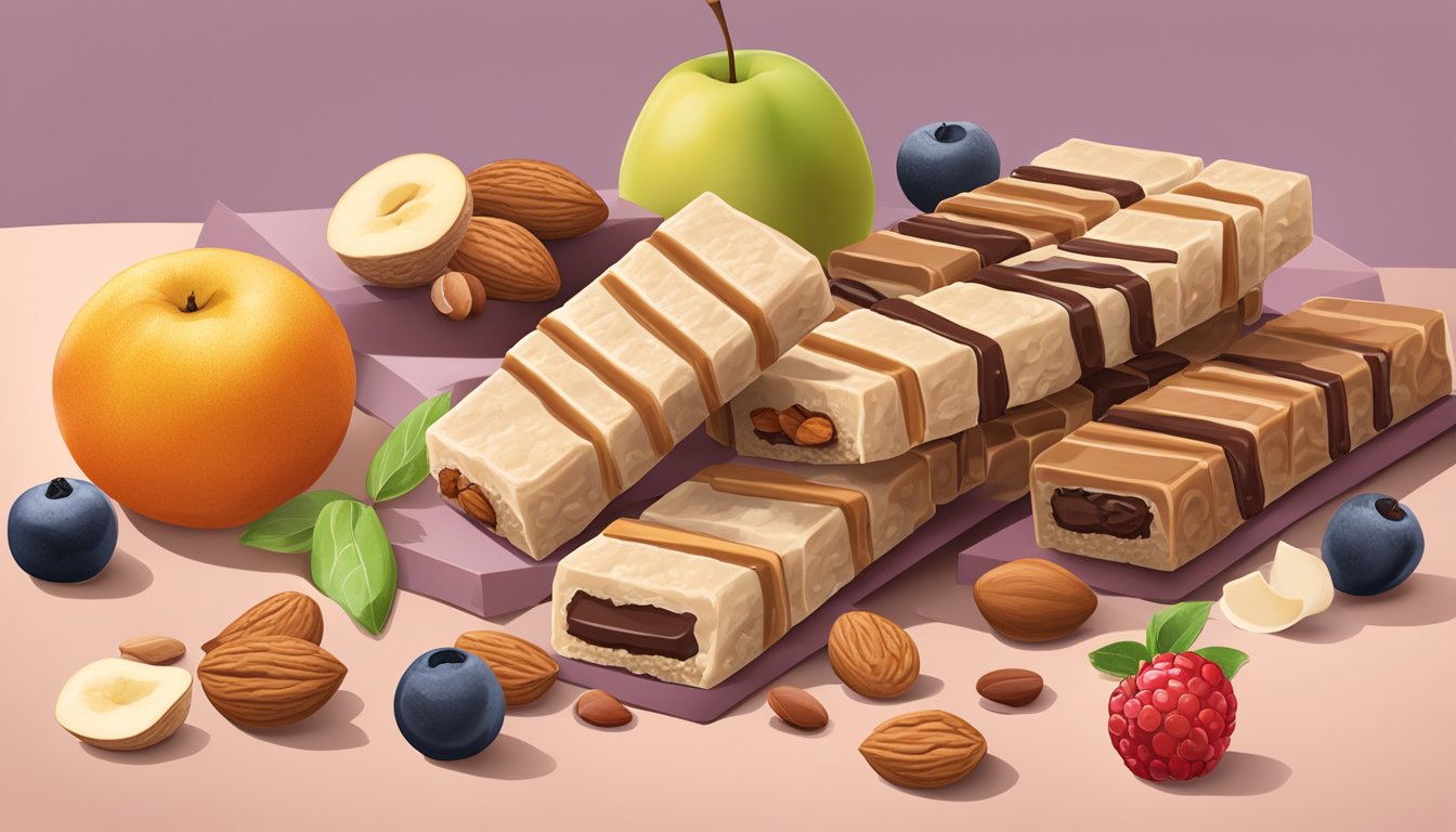 A variety of protein bars arranged on a table, with fruits and nuts scattered around, showcasing the nutritional benefits for diabetics