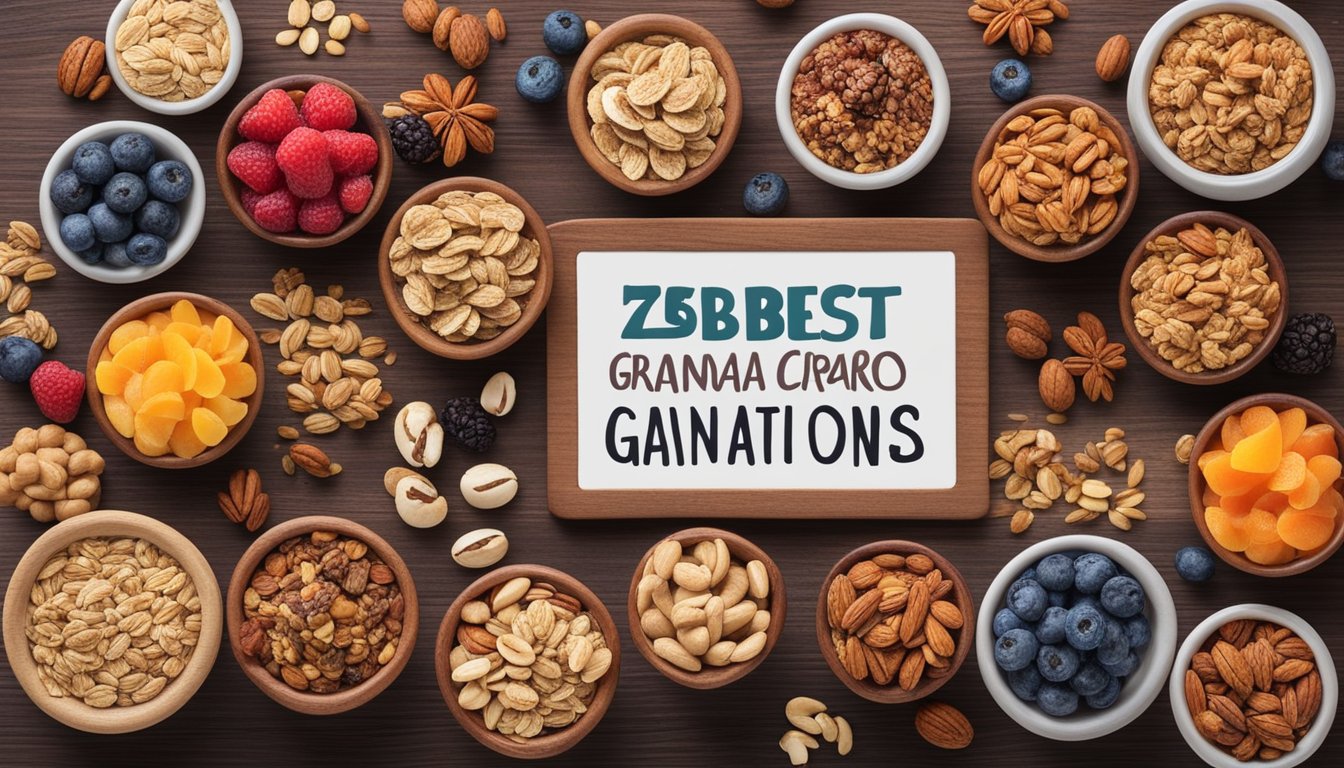 A colorful array of granola clusters, nuts, seeds, and dried fruits arranged on a wooden table, with a sign reading "7 best low-carb granola options for diabetics"