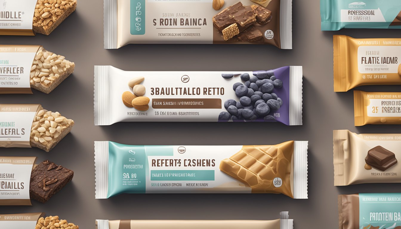 A variety of protein bars arranged on a clean, modern countertop with focus on the key ingredients listed on the packaging