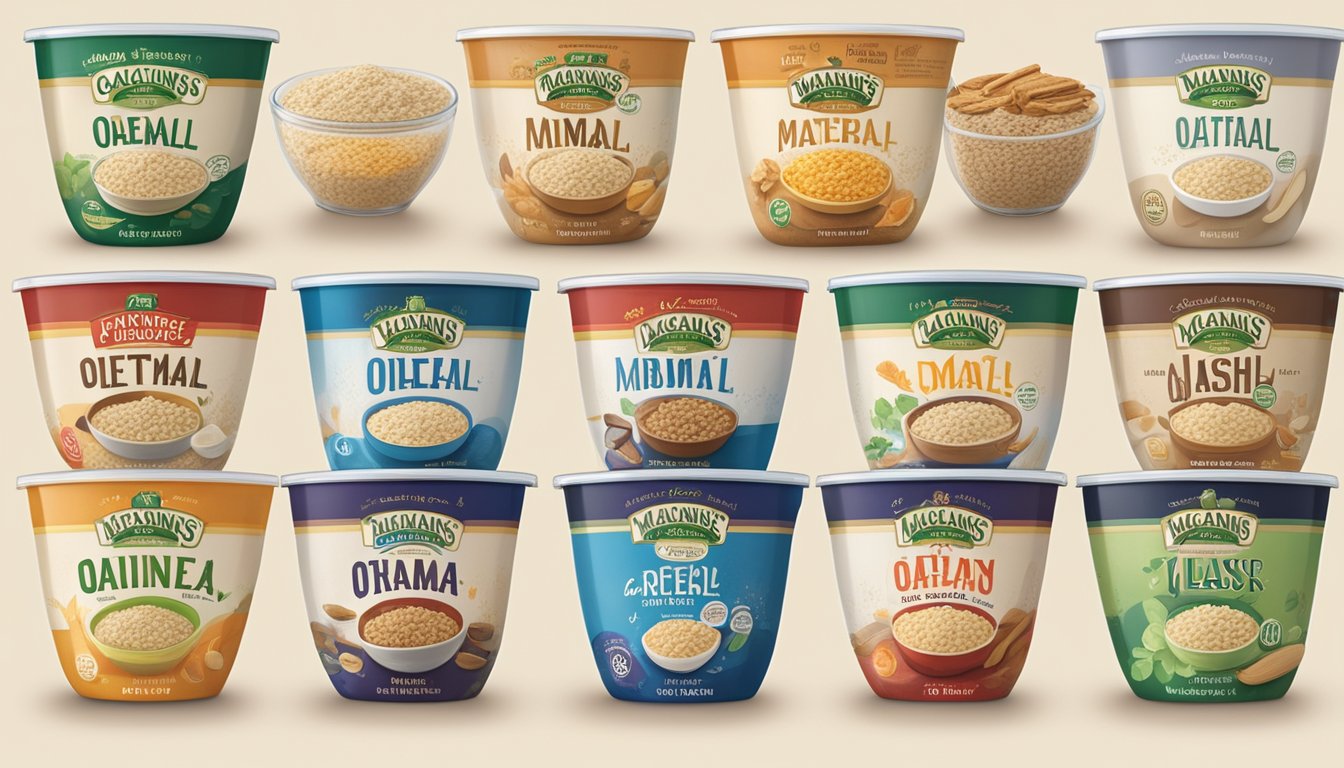 A bowl of McCann's Irish Oatmeal surrounded by 7 other low-glycemic index oatmeal brands, all labeled with their respective names