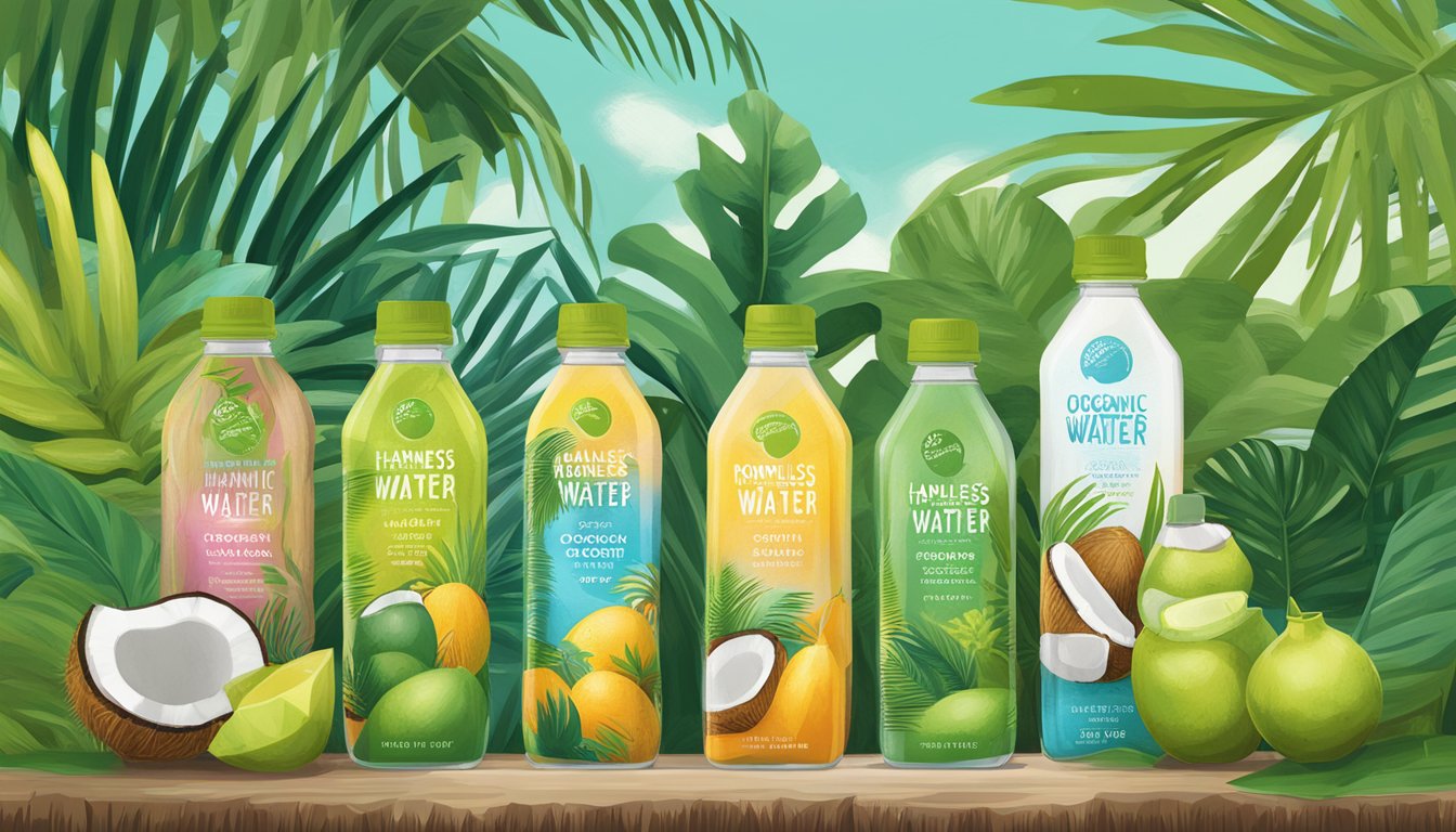 A display of 5 bottles of Harmless Harvest Organic Coconut Water surrounded by tropical foliage