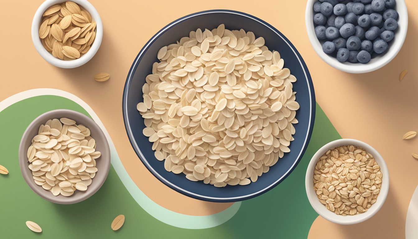 A bowl of organic rolled oats surrounded by various low-glycemic index oatmeal brands, with a focus on the Thrive Market logo