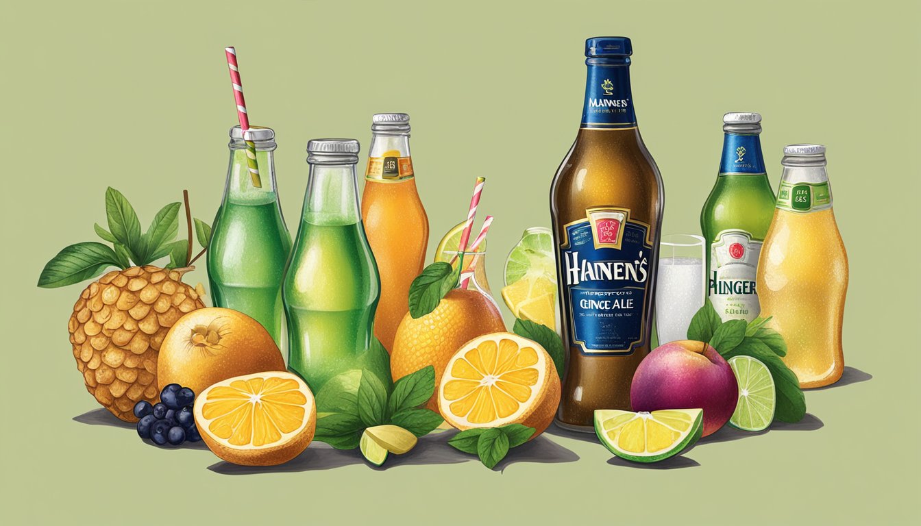 A table with 6 bottles of Hansen's Diet Ginger Ale surrounded by various fruits and cocktail ingredients